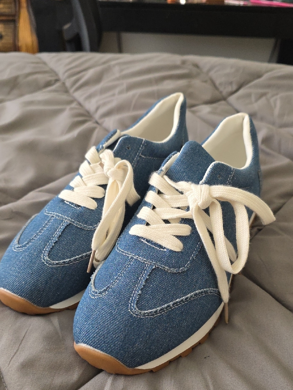 SHEIN Blue Denim Lace-Up Women's Sneakers with Cream Laces